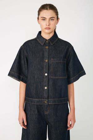 boxed denim jacket / indigo blue denim