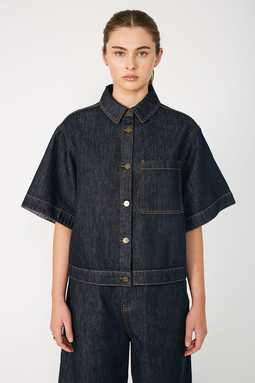 boxed denim jacket / indigo blue denim