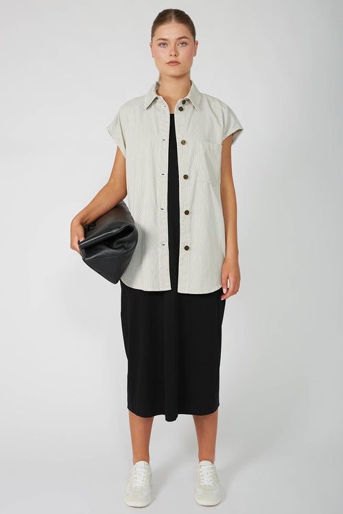 turning vest shacket / ecru|black pinstripe