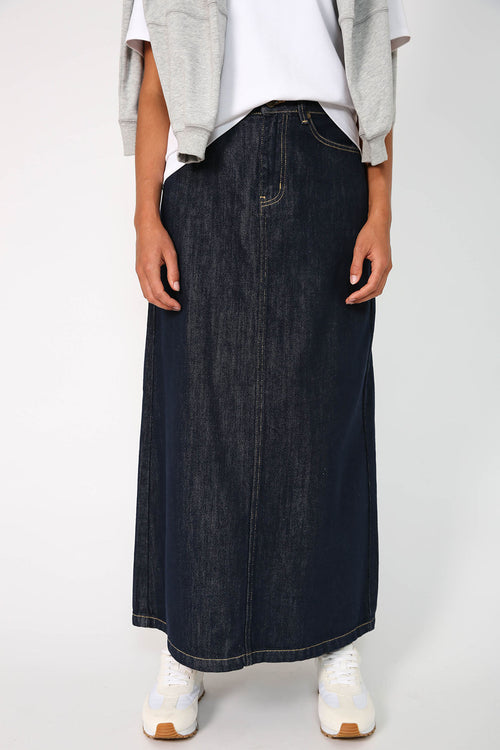 line denim skirt / indigo blue denim