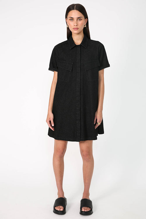 convex shirt dress / black denim
