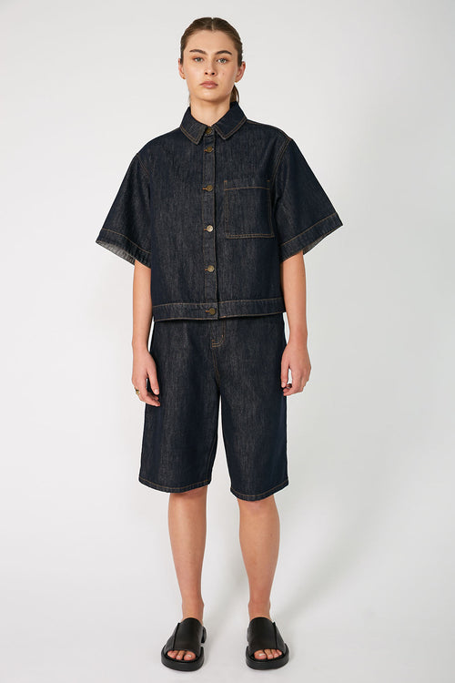 boxed denim jacket / indigo blue denim