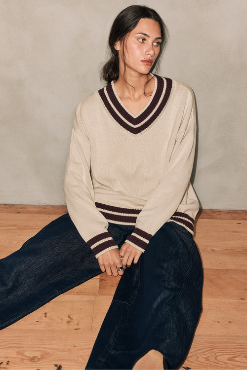 streaked sweater / natural|aubergine