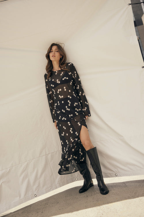 solaced dress / black|ivory polka dot