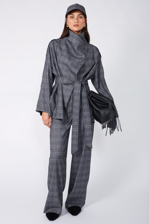 coached tailored pant / grey marle plaid