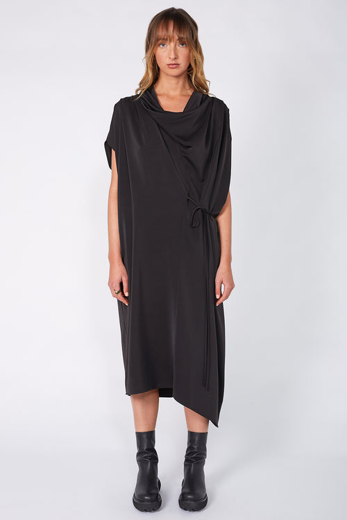 funnelled cape dress / black