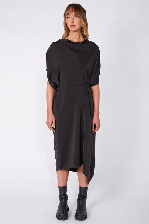 funnelled cape dress / black