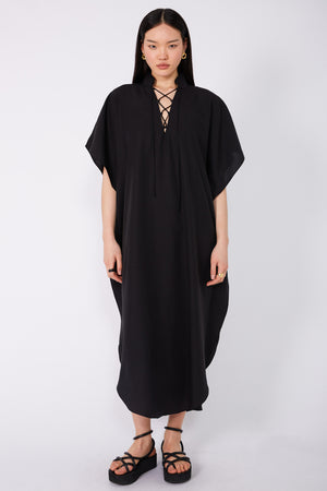 inset kaftan dress / black