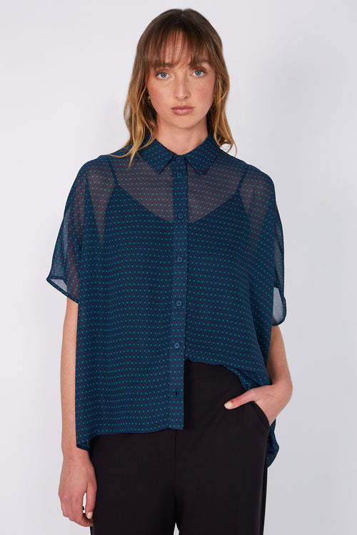 shirr shirt / teal|green code print