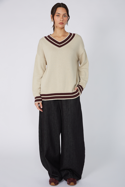 streaked sweater / natural|aubergine