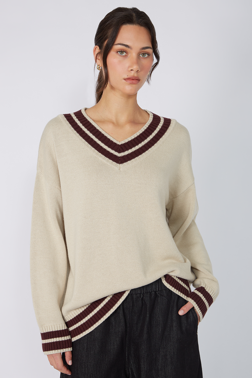 streaked sweater / natural|aubergine